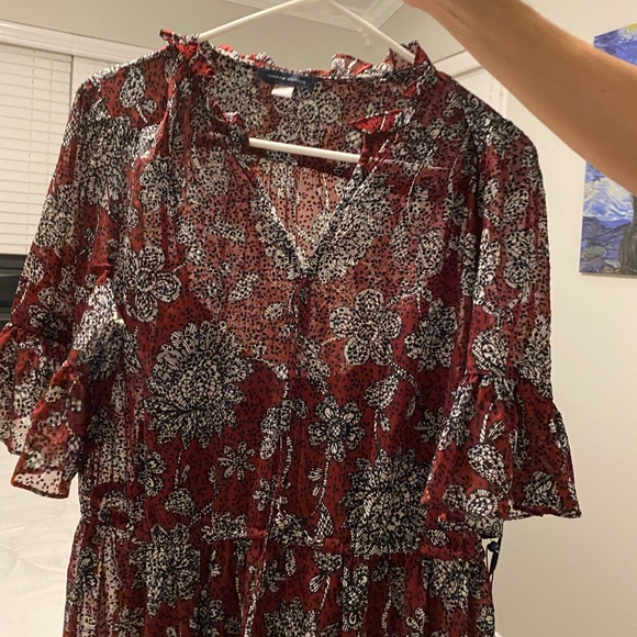 Tommy Hilfiger Floral Print Chiffon Split V-Neck Drawstring Waist MIDI Dress - Picture 5 of 7